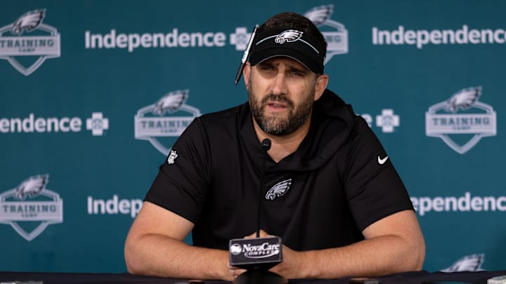 Aug 3, 2023; Philadelphia, PA, USA; Philadelphia Eagles head coach Nick Sirianni speaks with the media before practice at Novacare Complex. Mandatory Credit: Bill Streicher-Imagn Images