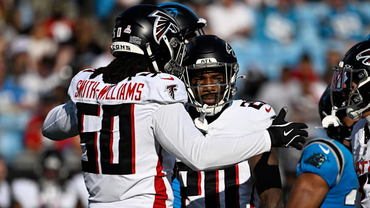 Neither Atlanta Falcons defensive end James Smith-Williams (50) nor cornerback Dee Alford (20) will play Sunday in Denver. Neither Atlanta Falcons defensive end James Smith-Williams (50) nor cornerback Dee Alford (20) will play Sunday in Denver.