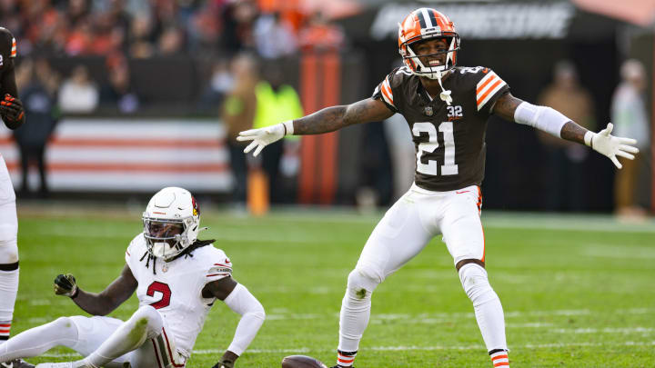 Nov 5, 2023; Cleveland, Ohio, USA; Cleveland Browns cornerback Denzel Ward (21) celebrates his broken up pass intended for Arizona Cardinals wide receiver Marquise Brown (2) during the third quarter at Cleveland Browns Stadium. Mandatory Credit: Scott Galvin-USA TODAY Sports
