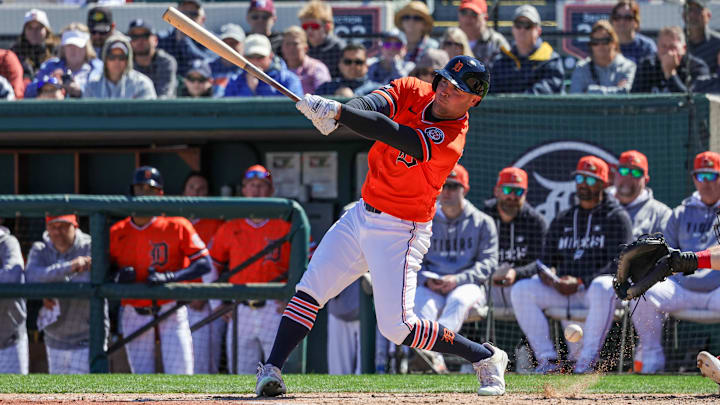 Feb 23, 2026; Lakeland, Florida, USA; Detroit Tigers right fielder Kerry Carpenter (30) bats during the third inning against the Minnesota Twins at Publix Field at Joker Marchant Stadium. Mandatory Credit: Mike Watters-Imagn Images Feb 23, 2026; Lakeland, Florida, USA; Detroit Tigers right fielder Kerry Carpenter (30) bats during the third inning against the Minnesota Twins at Publix Field at Joker Marchant Stadium. Mandatory Credit: Mike Watters-Imagn Images