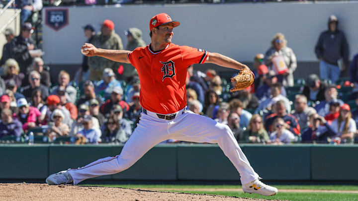 Feb 23, 2026; Lakeland, Florida, USA; Detroit Tigers pitcher Drew Anderson (38) pitches during the fourth inning against the Minnesota Twins at Publix Field at Joker Marchant Stadium. Mandatory Credit: Mike Watters-Imagn Images