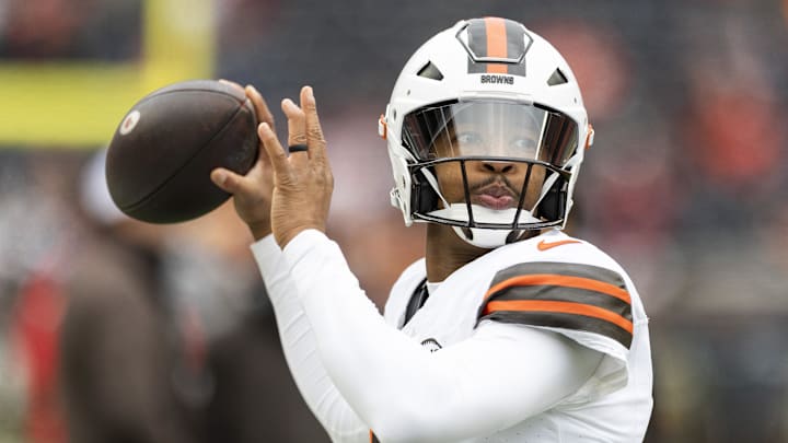Dec 15, 2024; Cleveland, Ohio, USA; Cleveland Browns quarterback Jameis Winston (5) throws the ball during warm ups against the Kansas City Chiefs at Huntington Bank Field. Mandatory Credit: Scott Galvin-Imagn Images