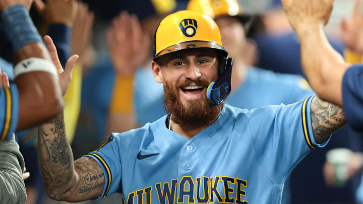 Apr 17, 2026; Miami, Florida, USA; Milwaukee Brewers shortstop Joey Ortiz (3) celebrates after scoring against the Miami Marlins during the tenth inning at loanDepot Park. Mandatory Credit: Sam Navarro-Imagn Images