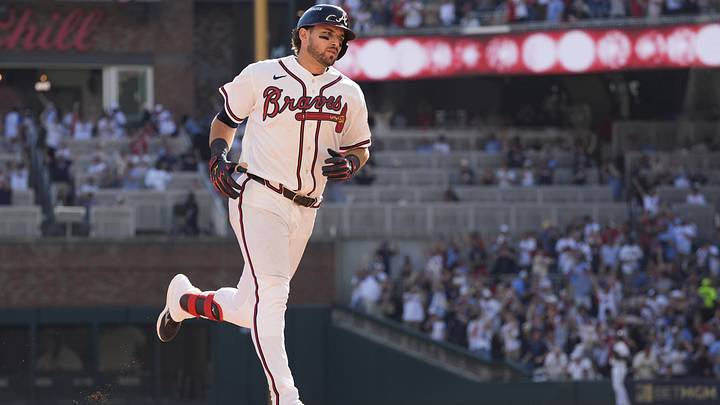 Sep 29, 2026; Cumberland, Georgia, USA;  Atlanta Braves third baseman Austin Riley (27) reacts after hitting a three run home run against the Philadelphia Phillies in the eighth inning during game one of the Wildcard round for the 2026 MLB Playoffs at Truist Park.  Mandatory Credit: Dale Zanine-Imagn Images