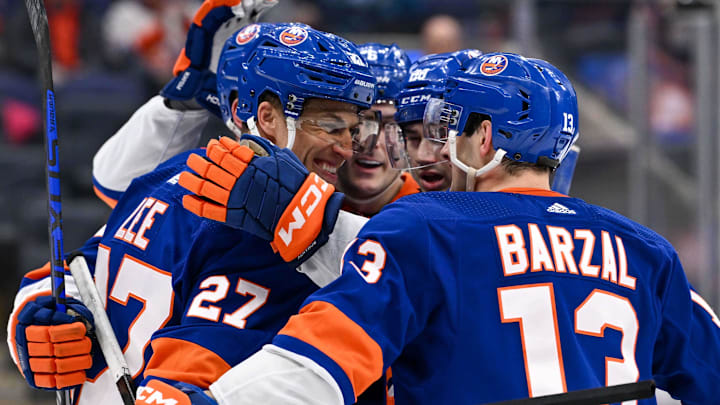 Mar 23, 2024; Elmont, New York, USA;  New York Islanders left wing Anders Lee (27) celebrates his