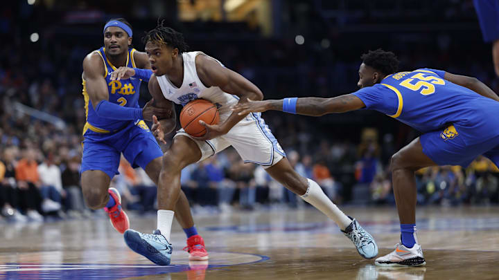Mar 15, 2024; Washington, D.C., USA; North Carolina Tar Heels forward Harrison Ingram (55) drives to