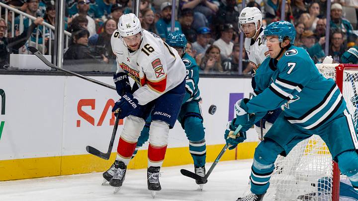 Oct 1, 2026; San Jose, California, USA; Florida Panthers center Aleksander Barkov (16) passes the puck during the first period against San Jose Sharks defense Michael Kesselring (7) at SAP Center at San Jose. Mandatory Credit: Bob Kupbens-Imagn Images Oct 1, 2026; San Jose, California, USA; Florida Panthers center Aleksander Barkov (16) passes the puck during the first period against San Jose Sharks defense Michael Kesselring (7) at SAP Center at San Jose. Mandatory Credit: Bob Kupbens-Imagn Images