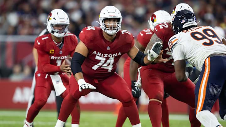 Nov 3, 2024; Glendale, Arizona, USA; Arizona Cardinals guard Isaiah Adams (74) against the Chicago Bears  at State Farm Stadium. Mandatory Credit: Mark J. Rebilas-Imagn Images