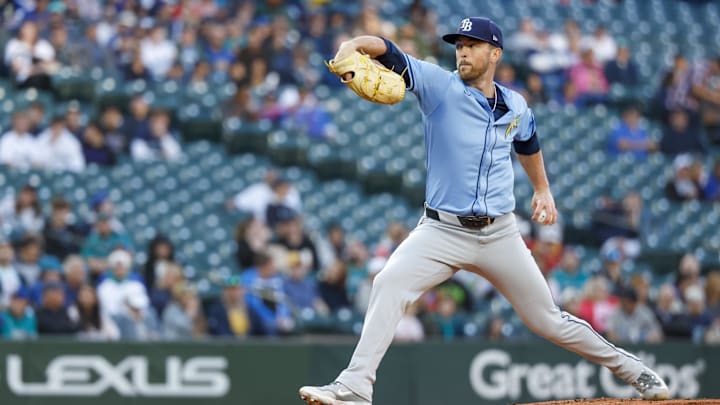 Aug 27, 2024; Seattle, Washington, USA; Tampa Bay Rays starting pitcher Jeffrey Springs (59) throws against the Seattle Mariners during the first inning at T-Mobile Park. Mandatory Credit: Joe Nicholson-Imagn Images