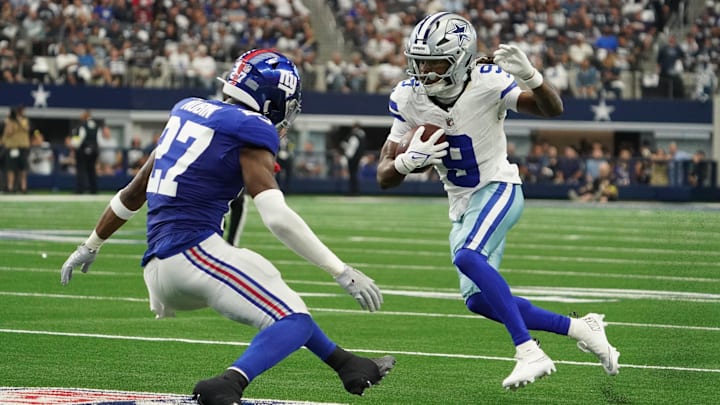 Dallas Cowboys wide receiver KaVontae Turpin runs with the ball as New York Giants safety Tyler Nubin.