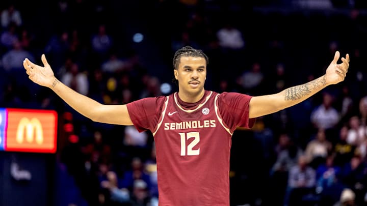 Dec 3, 2024; Baton Rouge, Louisiana, USA; Florida State Seminoles forward Malique Ewin (12) reacts to a play against the LSU Tigers during the second half at Pete Maravich Assembly Center. Mandatory Credit: Stephen Lew-Imagn Images Dec 3, 2024; Baton Rouge, Louisiana, USA; Florida State Seminoles forward Malique Ewin (12) reacts to a play against the LSU Tigers during the second half at Pete Maravich Assembly Center. Mandatory Credit: Stephen Lew-Imagn Images