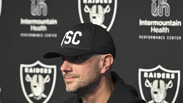 Apr 25, 2025; Henderson, NV, USA; (L-R) Las Vegas Raiders general manager John Spytek during a news conference introducing Ashton Jeanty as the first round draft pick in the 2025 NFL Draft at Intermountain Health Performance Center. Mandatory Credit: Candice Ward-Imagn Images
