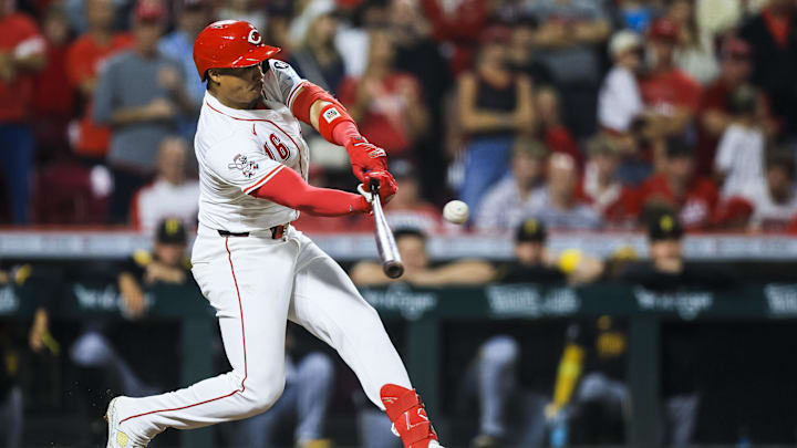 Sep 24, 2025; Cincinnati, Ohio, USA; Cincinnati Reds outfielder Noelvi Marte (16) hits a single in the tenth inning against the Pittsburgh Pirates at Great American Ball Park. Mandatory Credit: Katie Stratman-Imagn Images