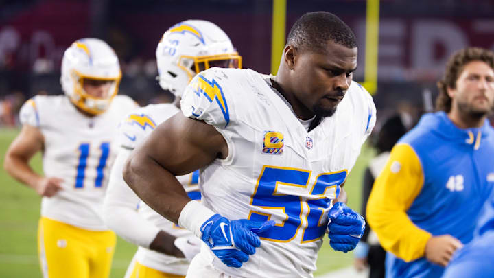 Oct 21, 2024; Glendale, Arizona, USA; Los Angeles Chargers linebacker Khalil Mack (52) against the Arizona Cardinals at State Farm Stadium. Mandatory Credit: Mark J. Rebilas-Imagn Images