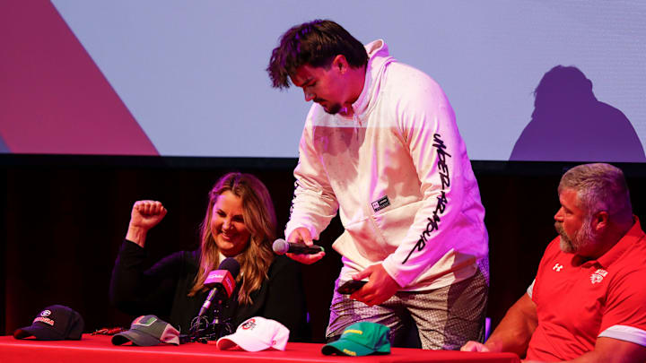 Nixa High School offensive tackle Jackson Cantwell, the No. 1 ranked high school football recruit for the class of 2026, takes the stage before announcing he will attend Miami to play football during a ceremony on Tuesday, May 13, 2025.