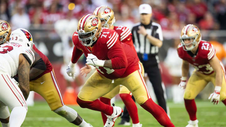 Dec 17, 2023; Glendale, Arizona, USA; San Francisco 49ers offensive lineman Trent Williams (71) against the Arizona Cardinals at State Farm Stadium. Mandatory Credit: Mark J. Rebilas-USA TODAY Sports