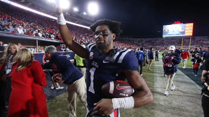 Dec 20, 2025; Oxford, MS, USA; Mississippi Rebels wide receiver De'Zhaun Stribling (1) celebrates the victory following a game against the Tulane Green Wave at Vaught-Hemingway Stadium. Mandatory Credit: Petre Thomas-Imagn Images
