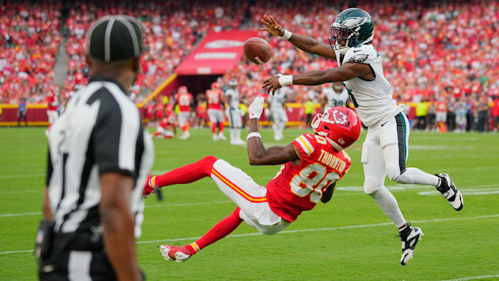 Sep 14, 2025; Kansas City, Missouri, USA; Philadelphia Eagles cornerback Adoree' Jackson (8) breaks up a pass intended for Kansas City Chiefs wide receiver Tyquan Thornton (80) during the fourth quarter of the game at GEHA Field at Arrowhead Stadium. Mandatory Credit: Jay Biggerstaff-Imagn Images Sep 14, 2025; Kansas City, Missouri, USA; Philadelphia Eagles cornerback Adoree' Jackson (8) breaks up a pass intended for Kansas City Chiefs wide receiver Tyquan Thornton (80) during the fourth quarter of the game at GEHA Field at Arrowhead Stadium. Mandatory Credit: Jay Biggerstaff-Imagn Images