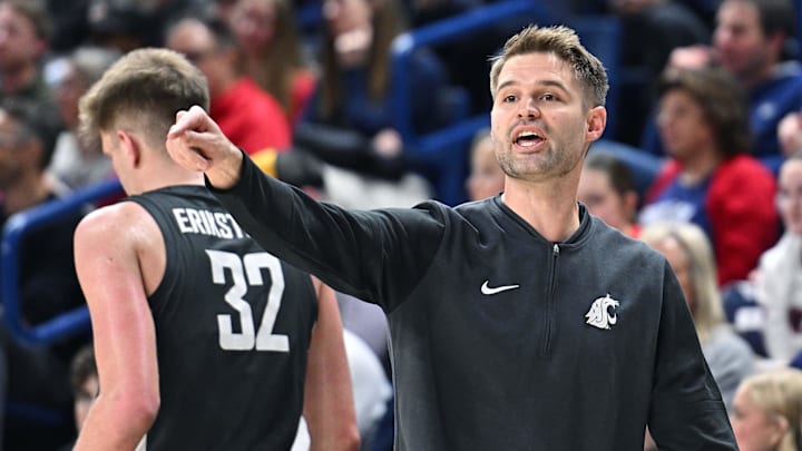 Jan 11, 2025; Spokane, Washington, USA; Washington State Cougars head coach David Riley directs his team during a game against the Gonzaga Bulldogs in the first half at McCarthey Athletic Center. Mandatory Credit: James Snook-Imagn Images