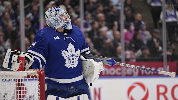 Mar 13, 2023; Toronto, Ontario, CAN; Toronto Maple Leafs goaltender Matt Murray (30) looks up at a replay of a goal by Buffalo Sabres forward Jack Quinn (not pictured) during the second period at Scotiabank Arena. Mandatory Credit: John E. Sokolowski-Imagn Images