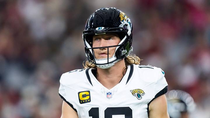 Nov 23, 2025; Glendale, Arizona, USA; Jacksonville Jaguars quarterback Trevor Lawrence (16) against the Arizona Cardinals at State Farm Stadium. Mandatory Credit: Mark J. Rebilas-Imagn Images