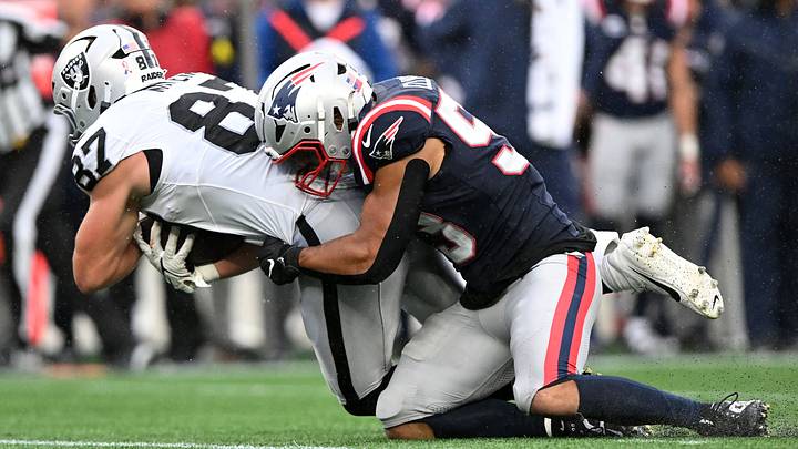 Sep 7, 2025; Foxborough, Massachusetts, USA; New England Patriots linebacker Christian Elliss (53) makes a tackle on Las Vegas Raiders tight end Michael Mayer (87) during the second half at Gillette Stadium. Mandatory Credit: Brian Fluharty-Imagn Images Sep 7, 2025; Foxborough, Massachusetts, USA; New England Patriots linebacker Christian Elliss (53) makes a tackle on Las Vegas Raiders tight end Michael Mayer (87) during the second half at Gillette Stadium. Mandatory Credit: Brian Fluharty-Imagn Images