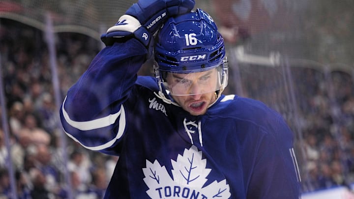 May 18, 2025; Toronto, Ontario, CAN; Toronto Maple Leafs forward Mitch Marner (16) adjusts his helmet after a play against the Florida Panthers during the first period of game seven of the second round of the 2025 Stanley Cup Playoffs at Scotiabank Arena. Mandatory Credit: John E. Sokolowski-Imagn Images