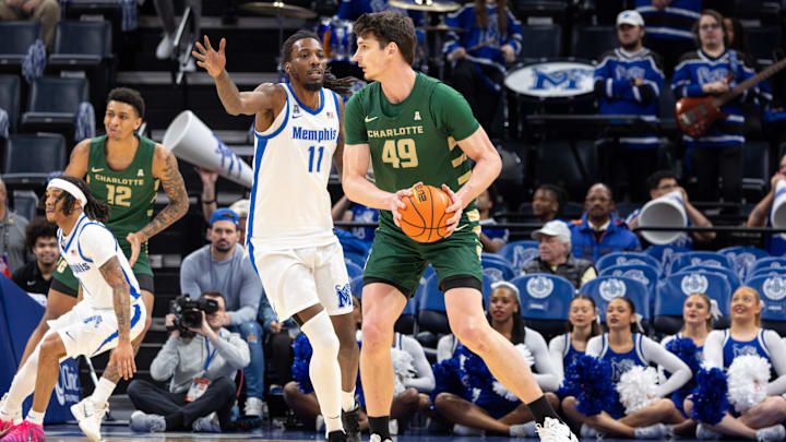 Feb 8, 2026; Memphis, Tennessee, USA; Charlotte 49ers center Anton Bonke (49) handles the ball against Memphis Tigers forward Aaron Bradshaw (11) during the first half at FedExForum. Mandatory Credit: Wesley Hale-Imagn Images
