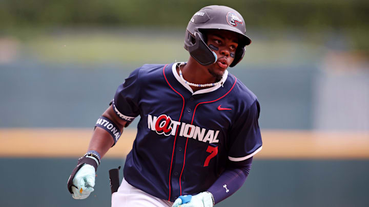 Jul 12, 2025; Atlanta, GA, USA;  National League outfielder Josue De Paula (46) of the Los Angeles Dodgers scores a run during the sixth inning against American League at Truist Park. Mandatory Credit: Brett Davis-Imagn Images