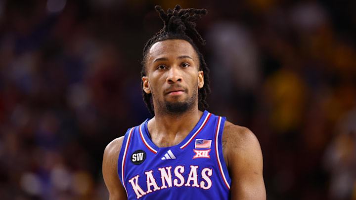 Mar 3, 2026; Tempe, Arizona, USA; Kansas Jayhawks guard Darryn Peterson (22) against the Arizona State Sun Devils at Desert Financial Arena. Mandatory Credit: Mark J. Rebilas-Imagn Images