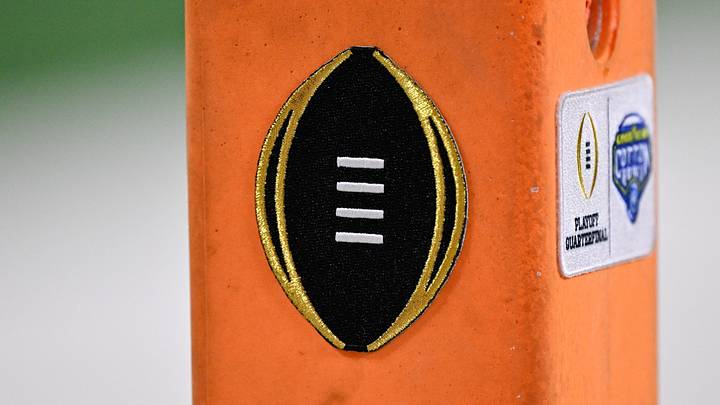 A detailed view of the College Football Playoff logo on the pylon during the game between the Miami Hurricanes and the Ohio State Buckeyes A detailed view of the College Football Playoff logo on the pylon during the game between the Miami Hurricanes and the Ohio State Buckeyes