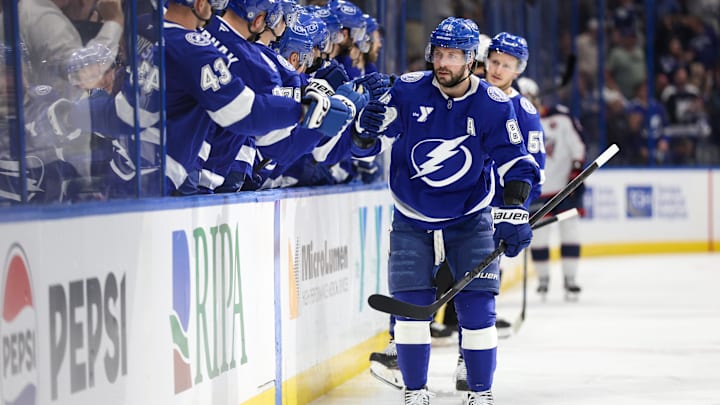 Mar 4, 2025; Tampa, Florida, USA; Tampa Bay Lightning right wing Nikita Kucherov (86) celebrates after scoring a goal against the Columbus Blue Jackets in the first period  at Amalie Arena. Mandatory Credit: Nathan Ray Seebeck-Imagn Images