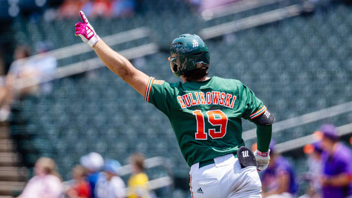 May 23, 2024; Charlotte, NC, USA; Miami (Fl) Hurricanes outfielder Jake Kulikowski (19) celebrates a home run against the Clemson Tigers in the ninth inning during the ACC Baseball Tournament at Truist Field. Mandatory Credit: Scott Kinser-Imagn Images May 23, 2024; Charlotte, NC, USA; Miami (Fl) Hurricanes outfielder Jake Kulikowski (19) celebrates a home run against the Clemson Tigers in the ninth inning during the ACC Baseball Tournament at Truist Field. Mandatory Credit: Scott Kinser-Imagn Images