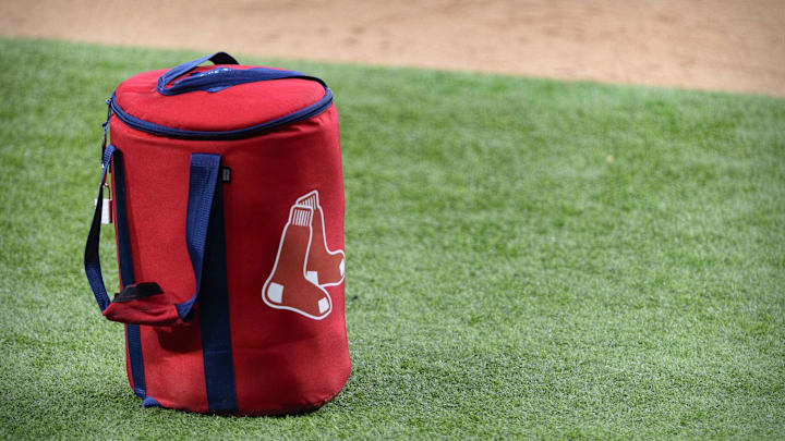 Apr 29, 2021; Arlington, Texas, USA; A view of the Boston Red Sox logo and a field bag during batting practice before the game between the Texas Rangers and the Boston Red Sox at Globe Life Field. Mandatory Credit: Jerome Miron-Imagn Images Apr 29, 2021; Arlington, Texas, USA; A view of the Boston Red Sox logo and a field bag during batting practice before the game between the Texas Rangers and the Boston Red Sox at Globe Life Field. Mandatory Credit: Jerome Miron-Imagn Images