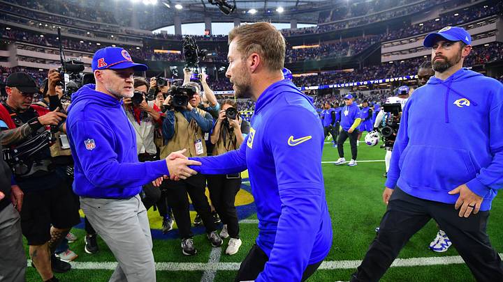Dec 8, 2024; Inglewood, California, USA; Buffalo Bills head coach Sean McDermott meets with Los Angeles Rams head coach Sean McVay following the game at SoFi Stadium. Mandatory Credit: Gary A. Vasquez-Imagn Images Dec 8, 2024; Inglewood, California, USA; Buffalo Bills head coach Sean McDermott meets with Los Angeles Rams head coach Sean McVay following the game at SoFi Stadium. Mandatory Credit: Gary A. Vasquez-Imagn Images