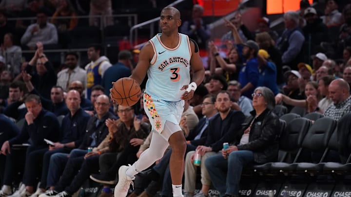 Apr 9, 2025; San Francisco, California, USA;  San Antonio Spurs guard Chris Paul (3) dribbles upcourt against the Golden State Warriors in the third quarter at Chase Center. Mandatory Credit: David Gonzales-Imagn Images