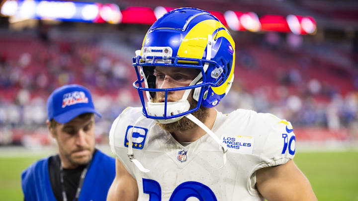 Nov 26, 2023; Glendale, Arizona, USA; Los Angeles Rams wide receiver Cooper Kupp (10) against the Arizona Cardinals at State Farm Stadium. Mandatory Credit: Mark J. Rebilas-Imagn Images