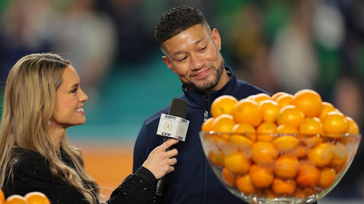 (EDITORS NOTE: caption correction) Jan 9, 2025; Miami, FL, USA; Notre Dame Fighting Irish head coach Marcus Freeman celebrates defeating the Penn State Nittany Lions in the Orange Bowl at Hard Rock Stadium. Mandatory Credit: Sam Navarro-Imagn Images (EDITORS NOTE: caption correction) Jan 9, 2025; Miami, FL, USA; Notre Dame Fighting Irish head coach Marcus Freeman celebrates defeating the Penn State Nittany Lions in the Orange Bowl at Hard Rock Stadium. Mandatory Credit: Sam Navarro-Imagn Images