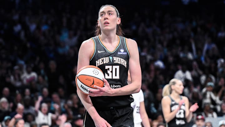May 29, 2025; Brooklyn, New York, USA; New York Liberty forward Breanna Stewart (30) reacts after scoring a basket against the Golden State Valkyries during the second half at Barclays Center. Mandatory Credit: John Jones-Imagn Images