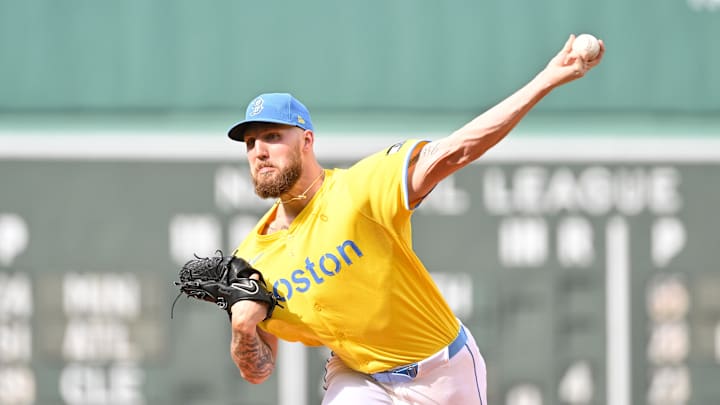 Apr 19, 2025; Boston, Massachusetts, USA; Boston Red Sox starting pitcher Garrett Crochet (35) pitches against the Chicago White Sox during the first inning at Fenway Park. Mandatory Credit: Eric Canha-Imagn Images