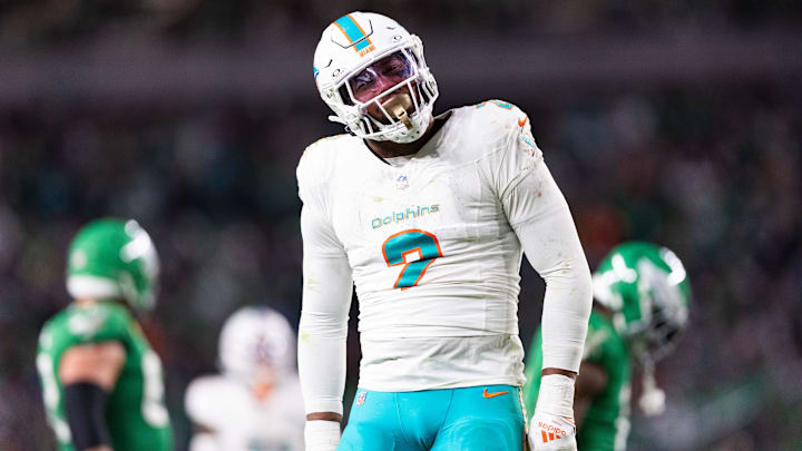 Miami Dolphins linebacker Bradley Chubb (2) reacts after a defensive stop against the Philadelphia Eagles during the third quarter at Lincoln Financial Field.