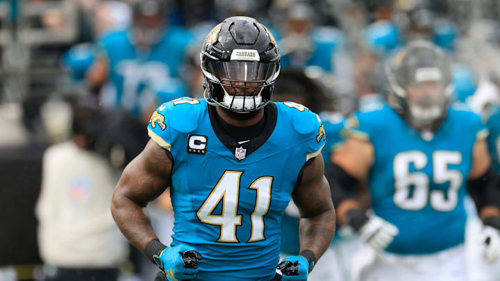 Jacksonville Jaguars defensive end Josh Hines-Allen (41) runs on the field before an NFL football matchup Sunday, Dec. 15, 2024 at EverBank Stadium in Jacksonville, Fla. [Corey Perrine/Florida Times-Union]
