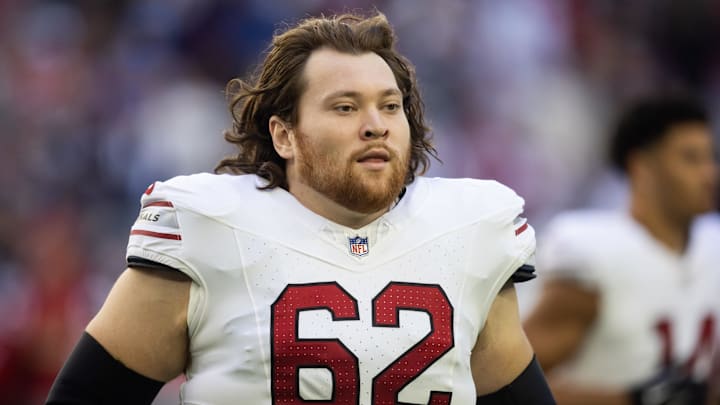 Dec 15, 2024; Glendale, Arizona, USA; Arizona Cardinals center Evan Brown (62) against the New England Patriots at State Farm Stadium. Mandatory Credit: Mark J. Rebilas-Imagn Images