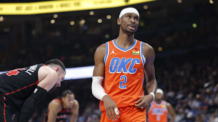 Oklahoma City Thunder guard Shai Gilgeous-Alexander reacts after a play against the Toronto Raptors. Oklahoma City Thunder guard Shai Gilgeous-Alexander reacts after a play against the Toronto Raptors.