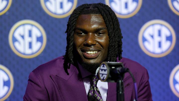LSU Tigers tight end Trey’dez Green (14) speaks to the press during SEC Football Kickoff Media Day at the Tampa Marriott. 