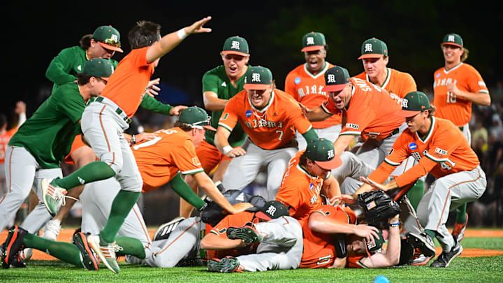 Miami Hurricanes players react after defeating the Southern Miss Golden Eagles during the final game of the 2025 NCAA Hattiesburg Regional game at Pete Taylor Park in Hattiesburg, Mississippi, on June 2, 2025. Miami Hurricanes players react after defeating the Southern Miss Golden Eagles during the final game of the 2025 NCAA Hattiesburg Regional game at Pete Taylor Park in Hattiesburg, Mississippi, on June 2, 2025.