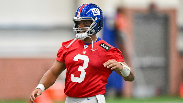 Jun 17, 2025; East Rutherford, NJ, USA; New York Giants quarterback Russell Wilson (3) warms up during minicamp at Quest Diagnostics Training Center. Mandatory Credit: John Jones-Imagn Images