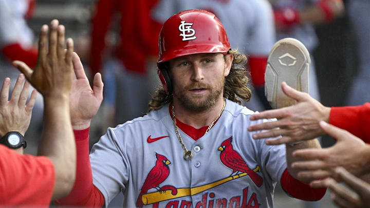 Jun 17, 2025; Chicago, Illinois, USA; St. Louis Cardinals second baseman Brendan Donovan (33) celebrates in the dugout after he scores during the second inning against the Chicago White Sox at Rate Field. Mandatory Credit: Matt Marton-Imagn Images Jun 17, 2025; Chicago, Illinois, USA; St. Louis Cardinals second baseman Brendan Donovan (33) celebrates in the dugout after he scores during the second inning against the Chicago White Sox at Rate Field. Mandatory Credit: Matt Marton-Imagn Images