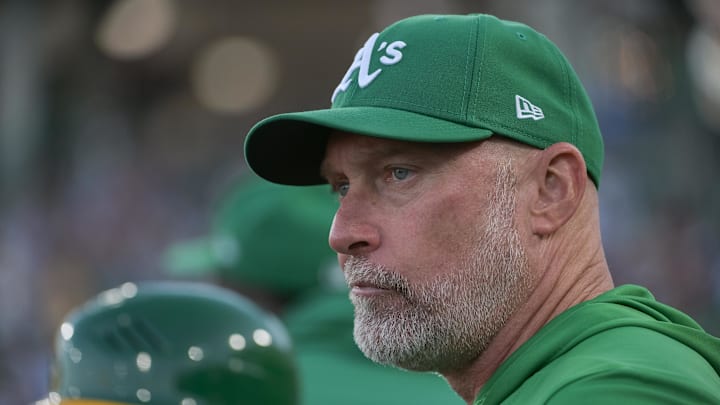 Aug 25, 2025; West Sacramento, California, USA; Athletics manager Mark Kotsay (7) looks on before the game against the Detroit Tigers at Sutter Health Park. Mandatory Credit: Ed Szczepanski-Imagn Images