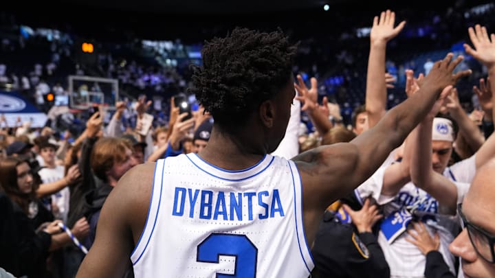Mar 7, 2026; Provo, Utah, USA; BYU Cougars forward AJ Dybantsa (3) celebrates with fans after a win over the Texas Tech Red Raiders at Marriott Center. Mandatory Credit: Aaron Baker-Imagn Images 